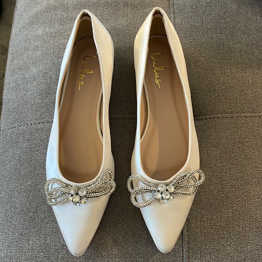 Bowlful Ivory Satin Rhinestone Pointed-Toe Ballet Flats